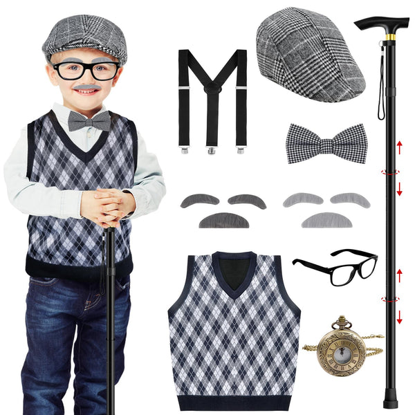 Mukum Old Man Costume for Kids 100th Day of School Dress Up for Boys Halloween Grandpa Costumes with Vest Hat Glasses Old Man Mustache and Eyebrows Grey 8-10Y