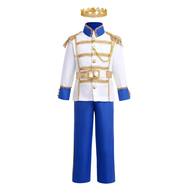 Boy Prince Charming Costume Kids Halloween King Cosplay Knight Dress Up Toddler Medieval Royal Prince Outfit Gold Crown Boys Colonial Costumes Fairytale Party Birthday Carnival Royal Blue 5-7 Years