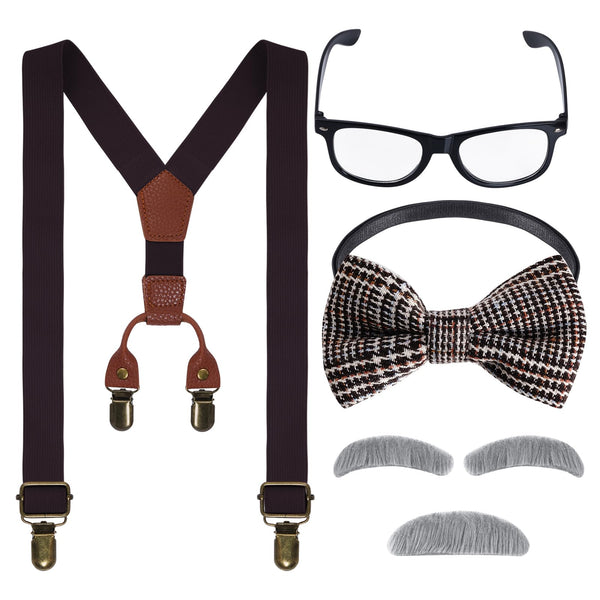 mifengda Kids Old Man Costume 100 Day of School Grandpa Costume for Boys 1920s Old Man Outfit Halloween Old Man Costume Dress Up Set Including Bow Tie Beard Eyebrow Suspenders Glasses(Dark Coffee)