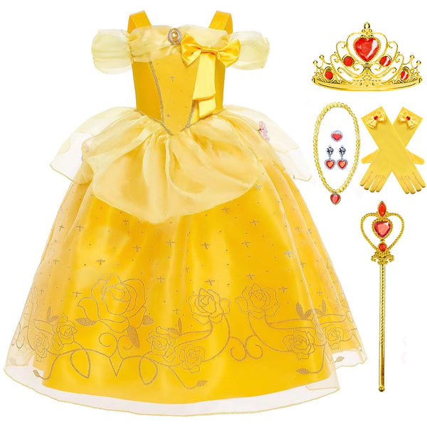 Luzlen Princess Costume for Girls Kids Belle Dress Halloween Cosplay Party Outfit Toddler Princess Dress Up 4-5 Years(Label 120)